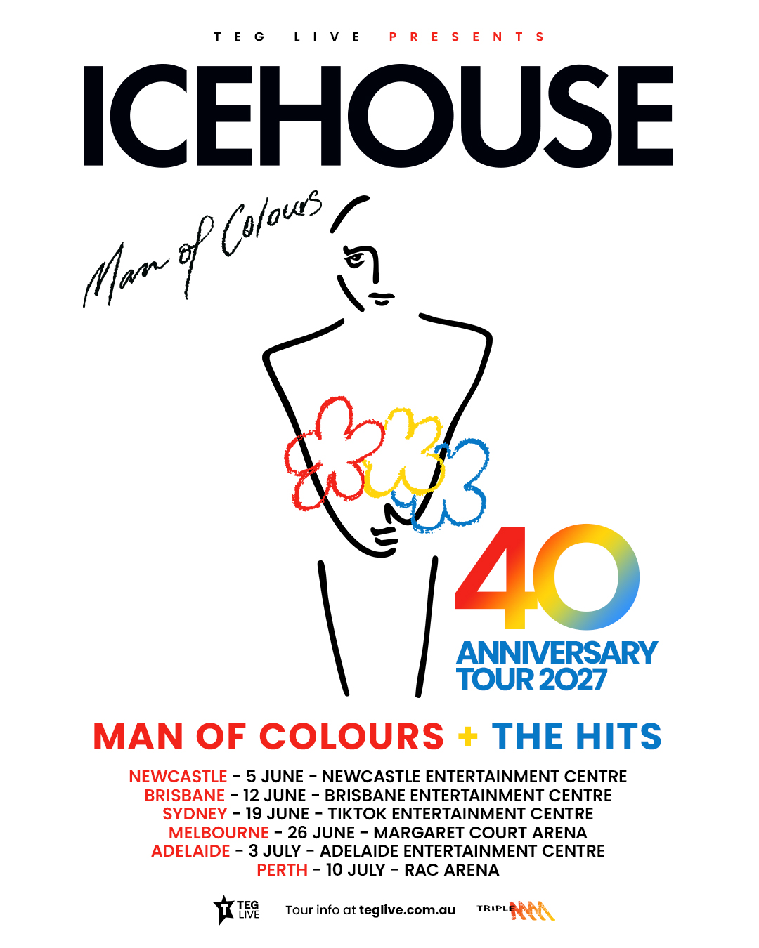 Icehouse Man of Colours 40th Anniversary Tour 2027 poster with line-art graphics and Australian concert dates including Sydney and Melbourne.